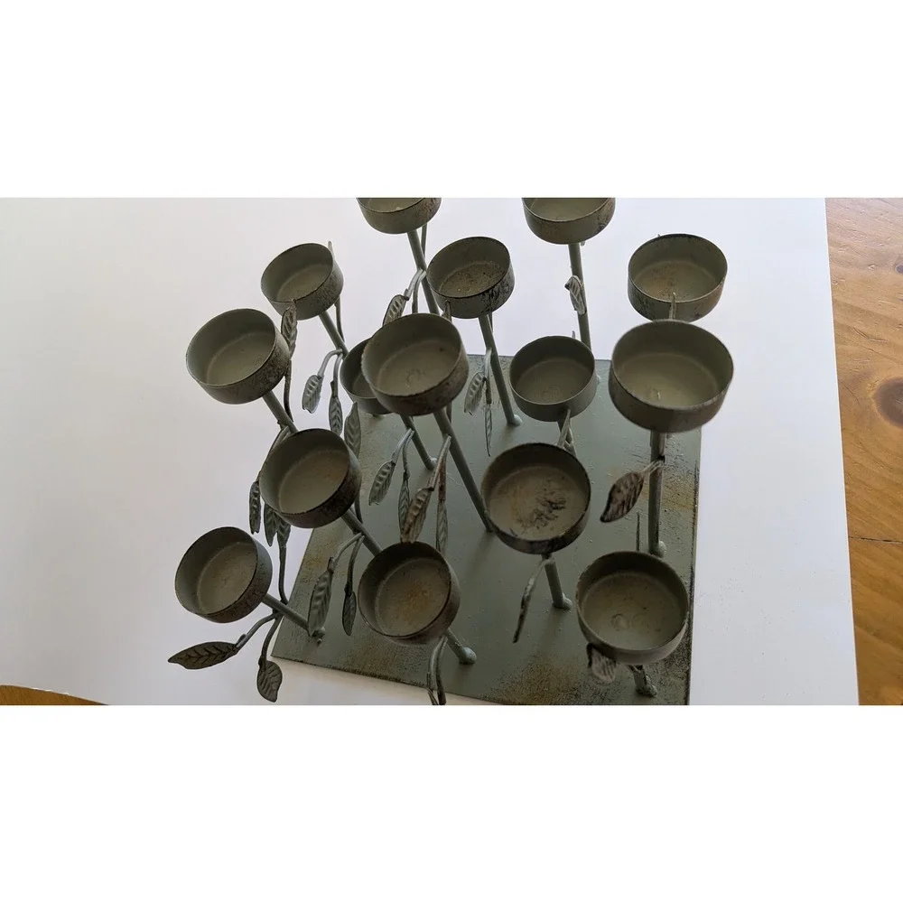 Sage Green Metal Multi‎ Tealight Candle Holder Distressed Leaf Branch Botanical